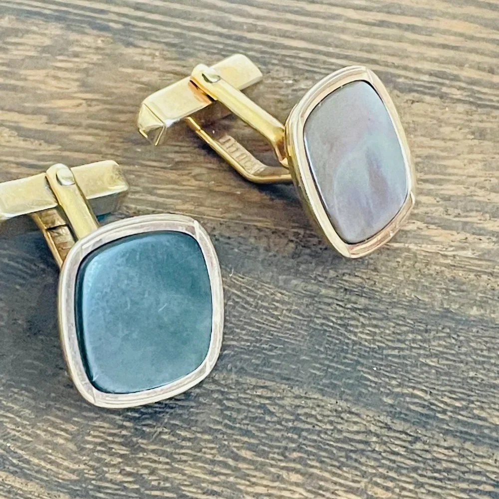 Vintage Swank Abalone Mother of Pearl MAP Shell Gold Tone Cuff Links